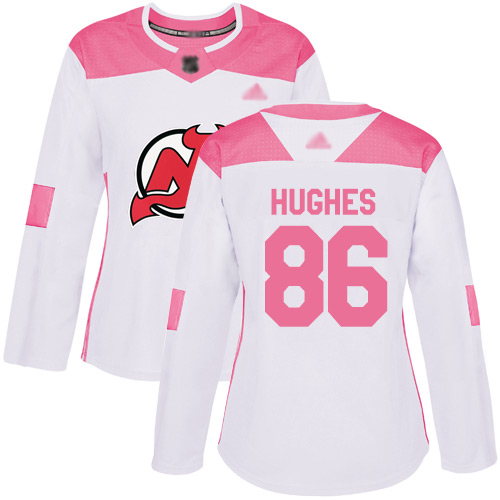 Devils #86 Jack Hughes White/Pink Authentic Fashion Women's Stitched Hockey Jersey