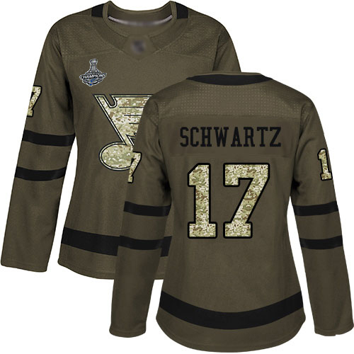 Blues #17 Jaden Schwartz Green Salute to Service Stanley Cup Final Bound Women's Stitched Hockey Jersey