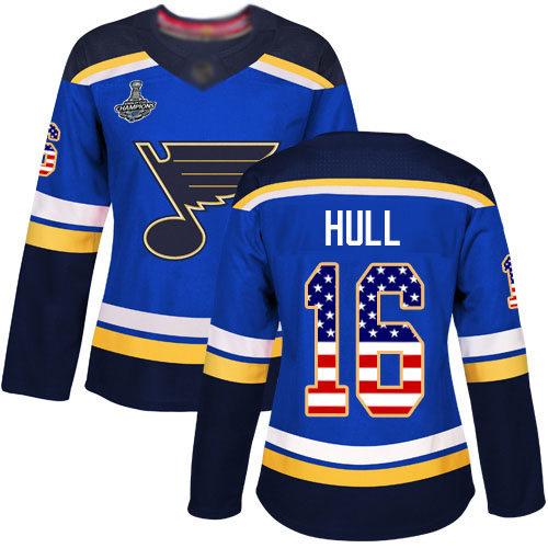 Blues #16 Brett Hull Blue Home Authentic USA Flag Stanley Cup Champions Women's Stitched Hockey Jersey