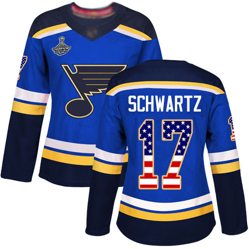 Blues #17 Jaden Schwartz Blue Home Authentic USA Flag Stanley Cup Champions Women's Stitched Hockey Jersey