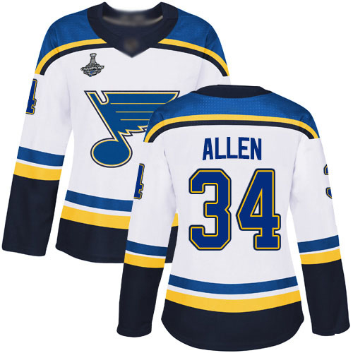 Blues #34 Jake Allen White Road Authentic Stanley Cup Champions Women's Stitched Hockey Jersey
