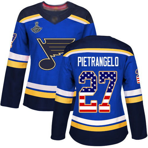 Blues #27 Alex Pietrangelo Blue Home Authentic USA Flag Stanley Cup Champions Women's Stitched Hockey Jersey