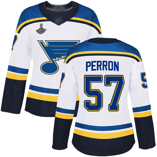 Blues #57 David Perron White Road Authentic Stanley Cup Champions Women's Stitched Hockey Jersey