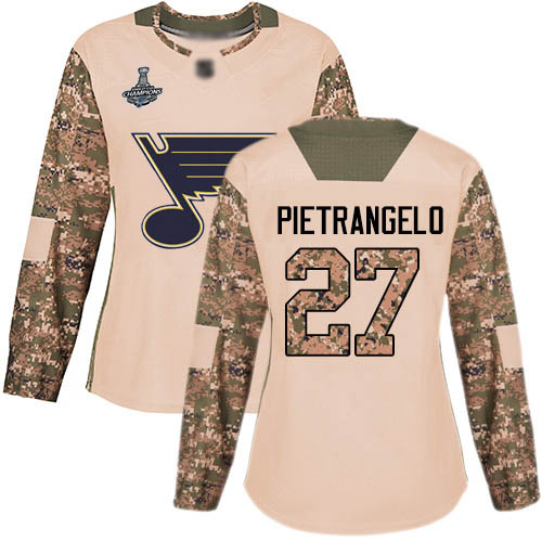 Blues #27 Alex Pietrangelo Camo Authentic 2017 Veterans Day Stanley Cup Champions Women's Stitched Hockey Jersey