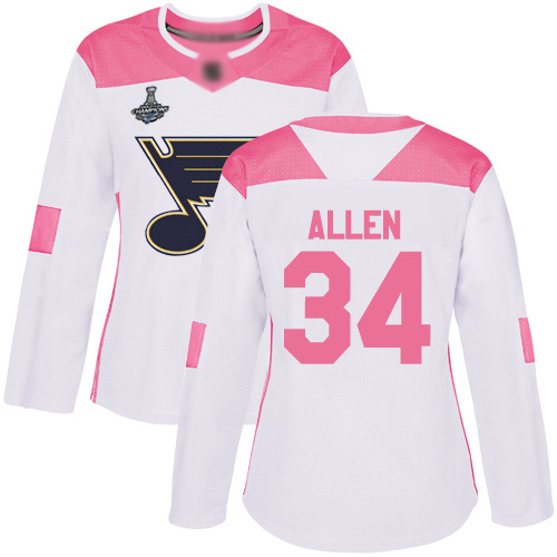 Blues #34 Jake Allen White/Pink Authentic Fashion Stanley Cup Champions Women's Stitched Hockey Jersey