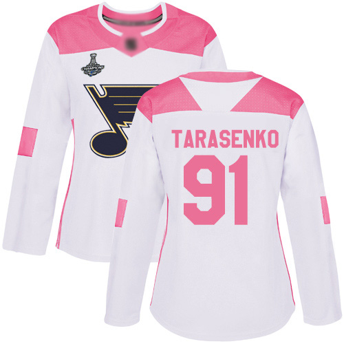 Blues #91 Vladimir Tarasenko White/Pink Authentic Fashion Stanley Cup Champions Women's Stitched Hockey Jersey