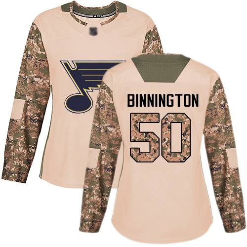 Blues #50 Jordan Binnington Camo Authentic 2017 Veterans Day Women's Stitched Hockey Jersey