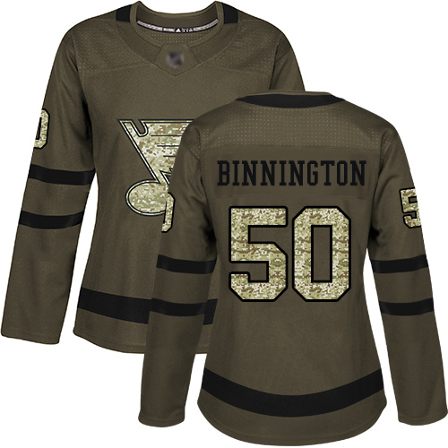 Blues #50 Jordan Binnington Green Salute to Service Women's Stitched Hockey Jersey