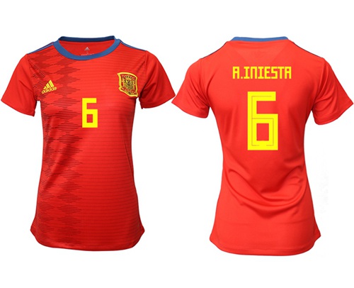 Women's Spain #6 A.Iniesta Red Home Soccer Country Jersey