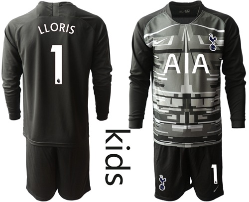 Tottenham Hotspur #1 Lloris Black Goalkeeper Long Sleeves Kid Soccer Club Jersey