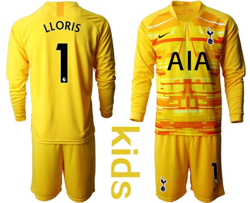 Tottenham Hotspur #1 Lloris Yellow Goalkeeper Long Sleeves Kid Soccer Club Jersey