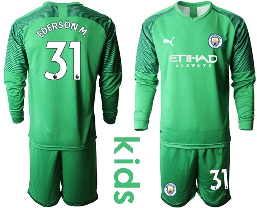 Manchester City #31 Ederson M. Green Goalkeeper Long Sleeves Kid Soccer Club Jersey