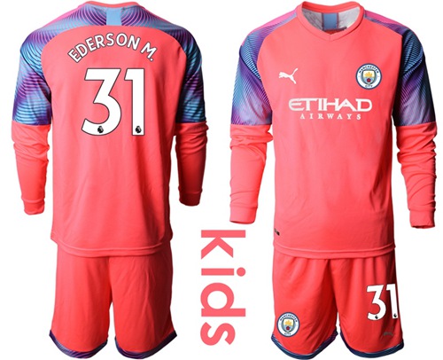 Manchester City #31 Ederson M. Pink Goalkeeper Long Sleeves Kid Soccer Club Jersey
