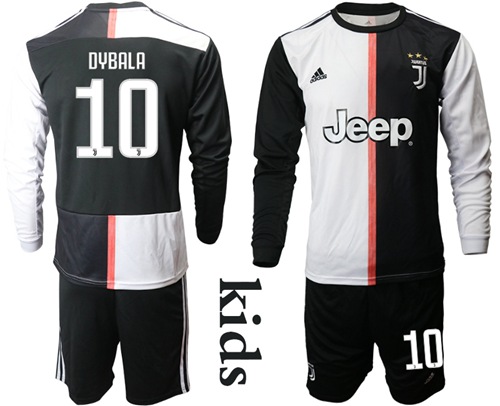 Juventus #10 Dybala Home Long Sleeves Kid Soccer Club Jersey