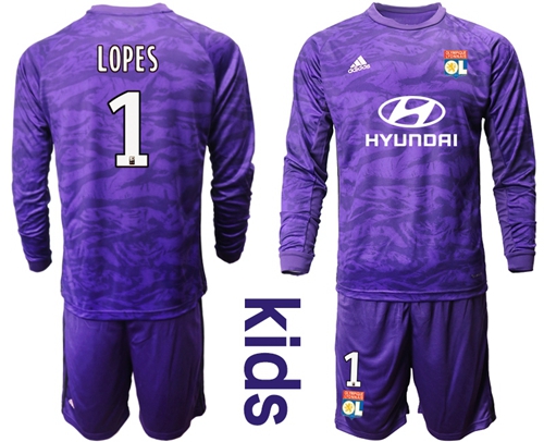 Lyon #1 Lopes Purple Goalkeeper Long Sleeves Kid Soccer Club Jersey