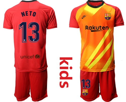 Barcelona #13 Neto Red Goalkeeper Kid Soccer Club Jersey