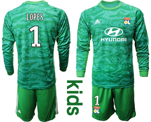 Lyon #1 Lopes Green Goalkeeper Long Sleeves Kid Soccer Club Jersey