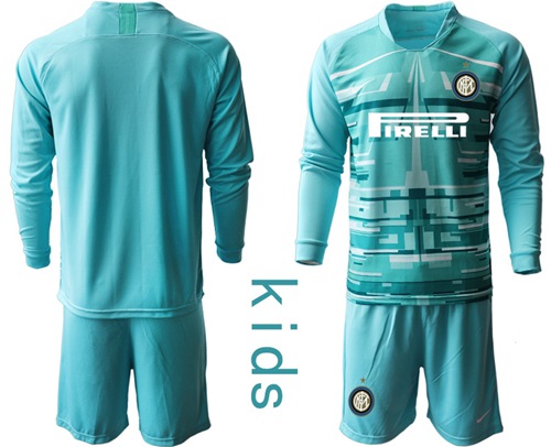 Inter Milan Blank Blue Goalkeeper Long Sleeves Kid Soccer Club Jersey