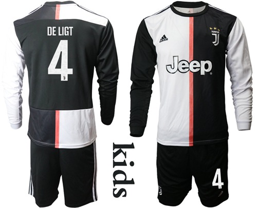 Juventus #4 De Ligt Home Long Sleeves Kid Soccer Club Jersey