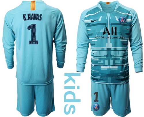 Paris Saint Germain #1 K.Navas Light Blue Goalkeeper Long Sleeves Kid Soccer Club Jersey