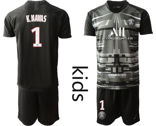 Paris Saint Germain #1 K.Navas Black Goalkeeper Kid Soccer Club Jersey