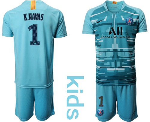 Paris Saint Germain #1 K.Navas Light Blue Goalkeeper Kid Soccer Club Jersey