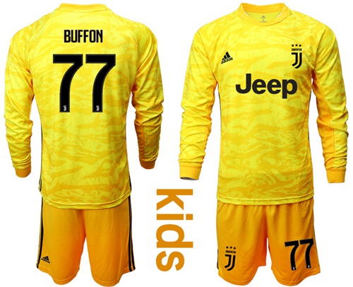 Juventus #77 Buffon Yellow Goalkeeper Long Sleeves Kid Soccer Club Jersey