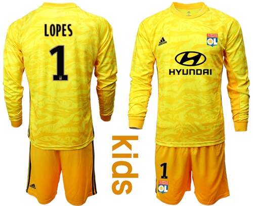 Lyon #1 Lopes Yellow Goalkeeper Long Sleeves Kid Soccer Club Jersey