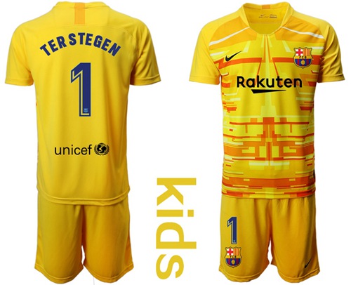Barcelona #1 Ter Stegen Yellow Goalkeeper Kid Soccer Club Jersey