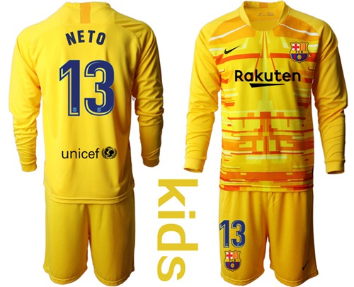 Barcelona #13 Neto Yellow Goalkeeper Long Sleeves Kid Soccer Club Jersey