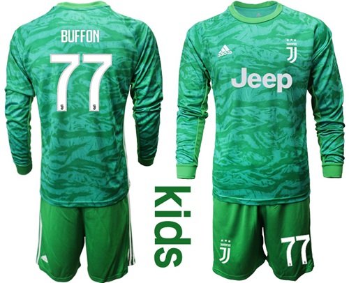 Juventus #77 Buffon Green Goalkeeper Long Sleeves Kid Soccer Club Jersey