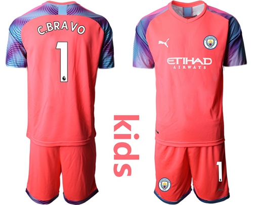 Manchester City #1 C.Bravo Pink Goalkeeper Kid Soccer Club Jersey