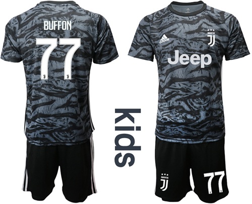 Juventus #77 Buffon Black Goalkeeper Kid Soccer Club Jersey