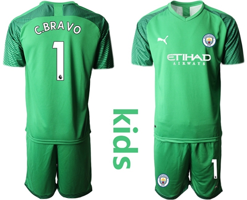 Manchester City #1 C.Bravo Green Goalkeeper Kid Soccer Club Jersey