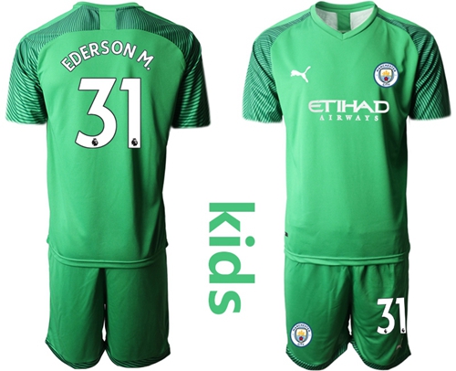 Manchester City #31 Ederson M. Green Goalkeeper Kid Soccer Club Jersey