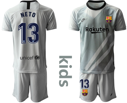 Barcelona #13 Neto Grey Goalkeeper Kid Soccer Club Jersey