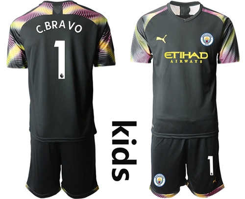 Manchester City #1 C.Bravo Black Goalkeeper Kid Soccer Club Jersey