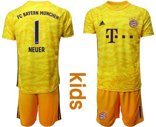 Bayern Munchen #1 Neuer Yellow Goalkeeper Kid Soccer Club Jersey