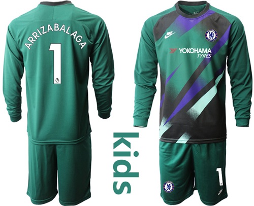 Chelsea #1 Arrizabalaga Green Goalkeeper Long Sleeves Kid Soccer Club Jersey
