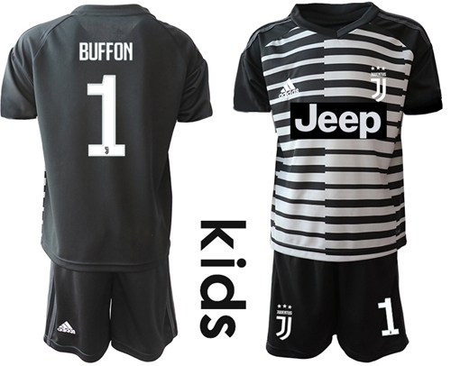 Juventus #1 Buffon Black Goalkeeper Kid Soccer Club Jersey