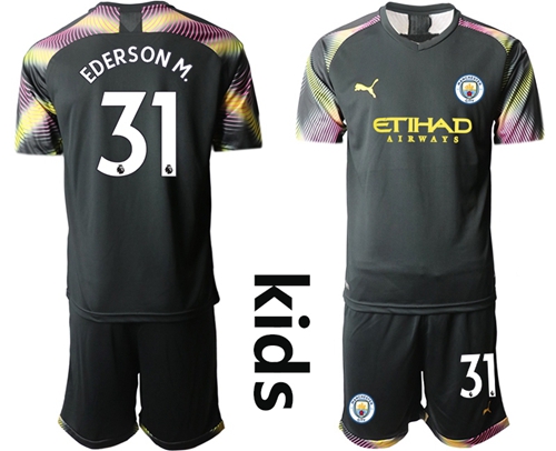 Manchester City #31 Ederson M. Black Goalkeeper Kid Soccer Club Jersey