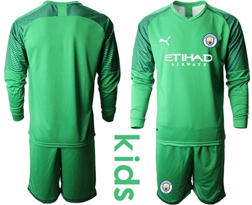 Manchester City Blank Green Goalkeeper Long Sleeves Kid Soccer Club Jersey