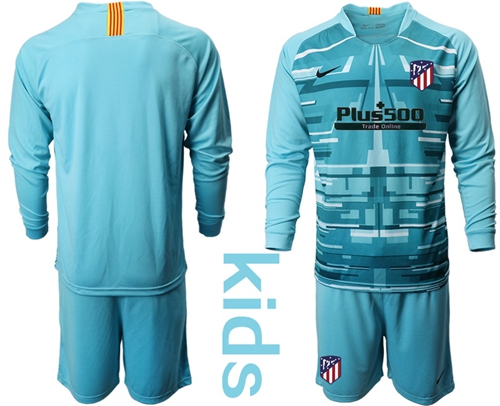 Atletico Madrid Blank Blue Goalkeeper Long Sleeves Kid Soccer Club Jersey