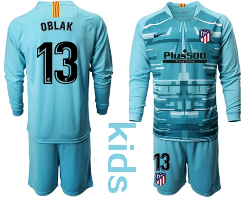 Atletico Madrid #13 Oblak Blue Goalkeeper Long Sleeves Kid Soccer Club Jersey