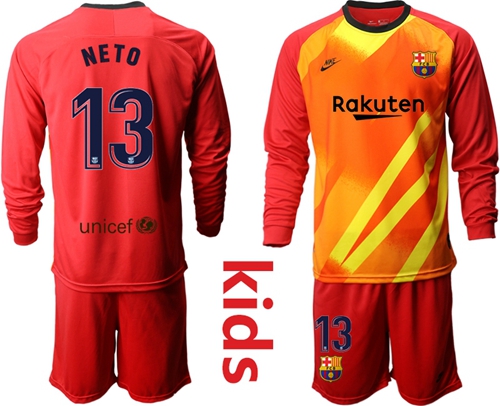 Barcelona #13 Neto Red Goalkeeper Long Sleeves Kid Soccer Club Jersey