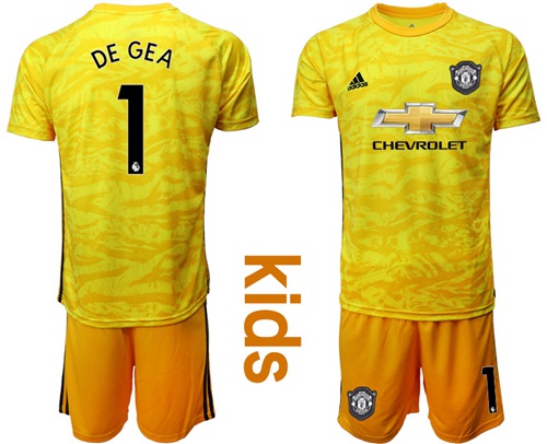 Manchester United #1 De Gea Yellow Goalkeeper Kid Soccer Club Jersey