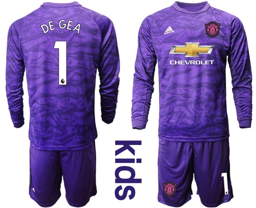 Manchester United #1 De Gea Purple Goalkeeper Long Sleeves Kid Soccer Club Jersey