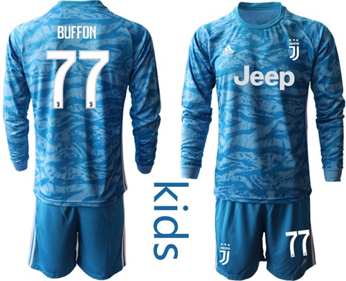 Juventus #77 Buffon Light Blue Goalkeeper Long Sleeves Kid Soccer Club Jersey