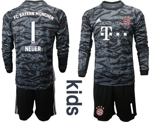 Bayern Munchen #1 Neuer Black Goalkeeper Long Sleeves Kid Soccer Club Jersey