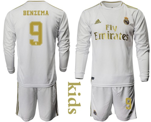 Real Madrid #9 Benzema Home Long Sleeves Kid Soccer Club Jersey